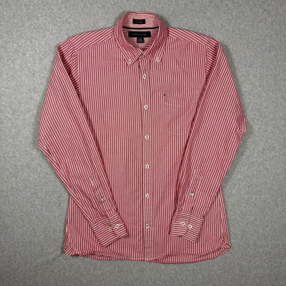 Tommy Hilfiger Men XS Custom Fit Red White Striped Button Down Long Sleeve Shirt